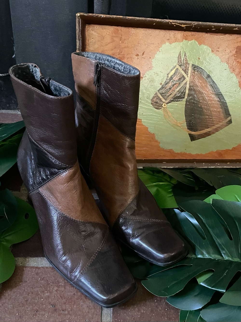 Liz Claiborne Flex Patchwork Brown Leather Square-Toe Ankle Boots with Side Zip